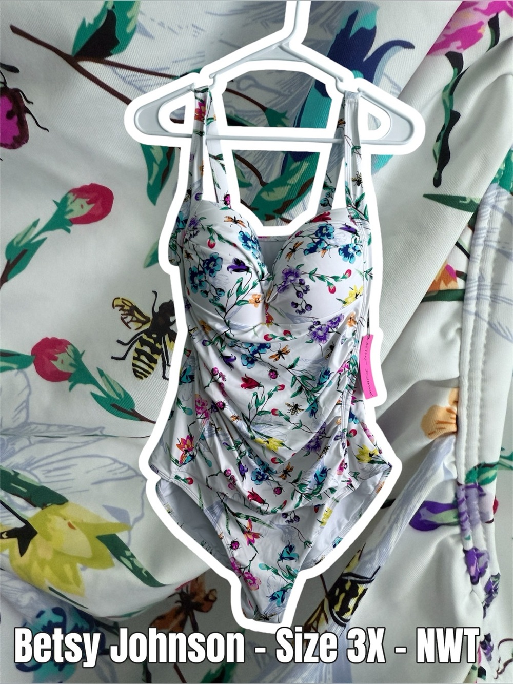 Betsey Johnson White Floral One-Piece Swimsuit with Green & Blue Accents